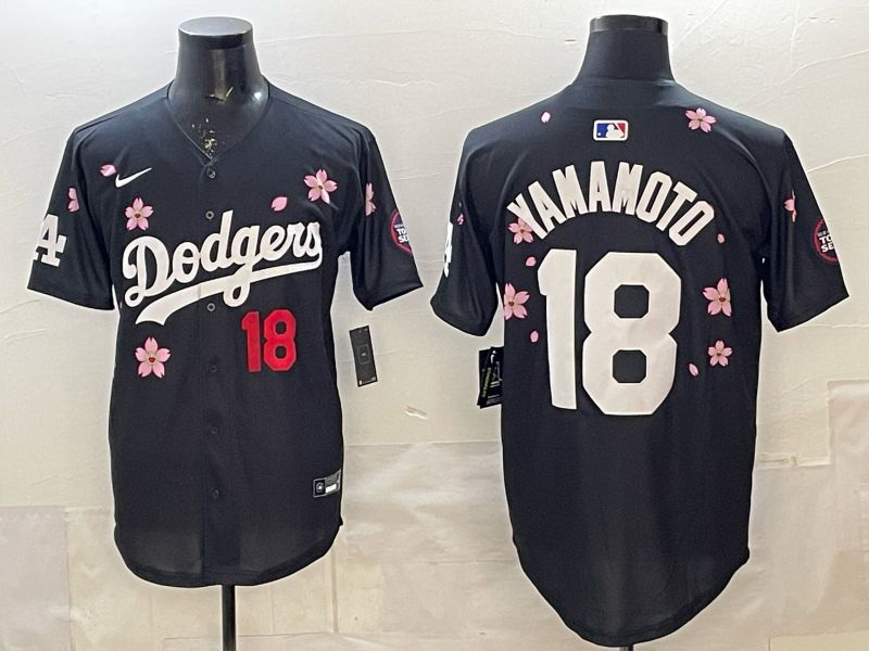 Men 2025 Los Angeles Dodgers #18 Yamamoto Black Sakura Edition Nike MLB Jersey 014